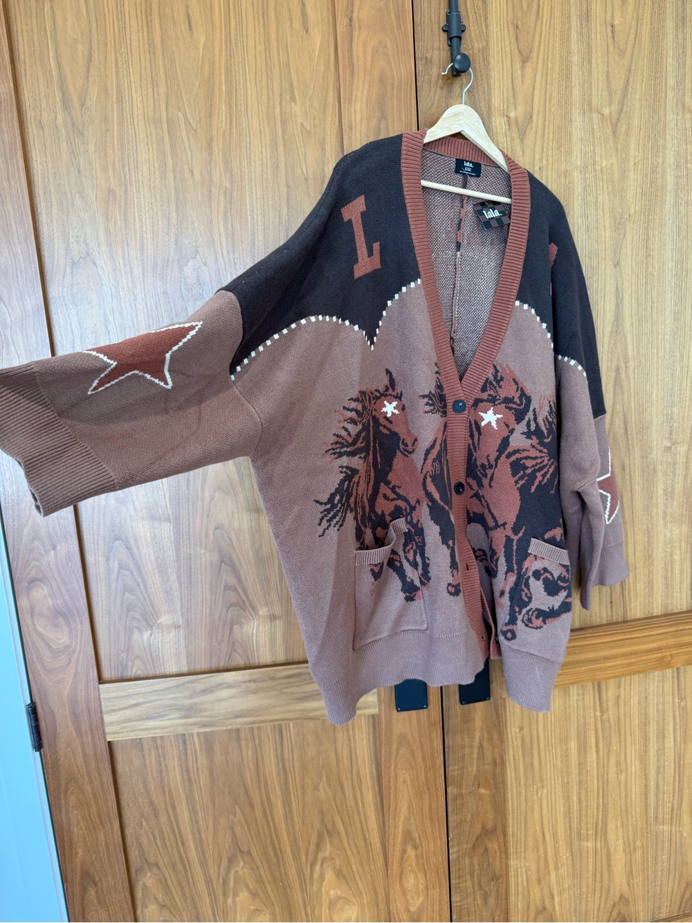 Dressed in Lala Graphic Button Cardigan in Brown and Black - Picture 2 of 3